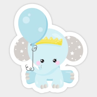 Cute Elephant, Elephant With Balloon, Crown, Stars Sticker